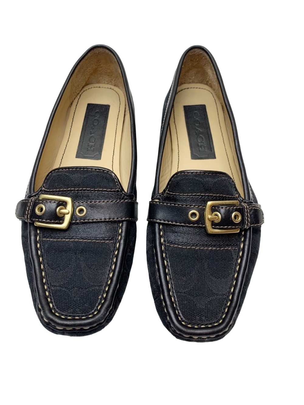 Coach Suzie Black Signature Canvas Loafers with Gold Buckle Size 10 M